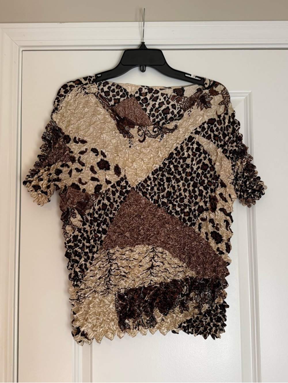 Textured Animal Print Patchwork Top - Beige & Brown